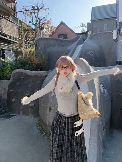 Print Long Sleeve Top Ring and with Gray Fuzzy Pom-Pom Trim Angel