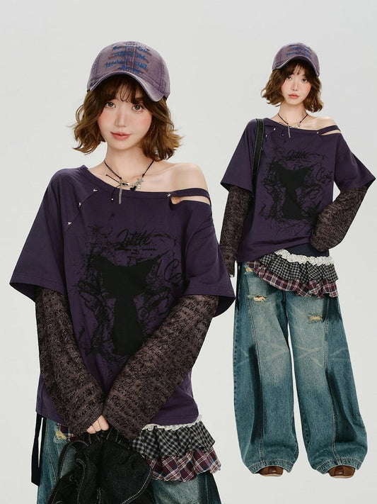 Black Purple Asymmetrical Faux Two Piece Cat Print Top - Girlyhalo