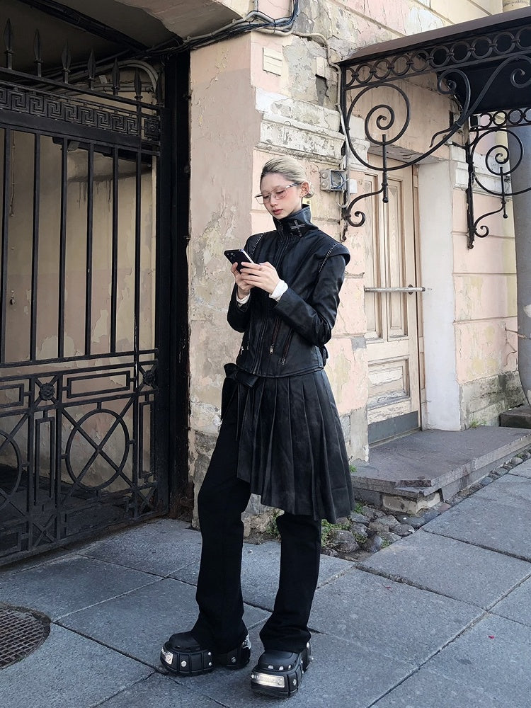 and Mini with PU Sweatpants Attached Black Thigh-High Skirt Slit