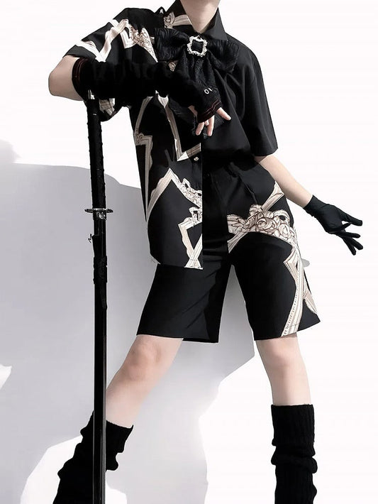 Asymmetrical Shorts Straight-leg Ouji Black Cut Print Lolita