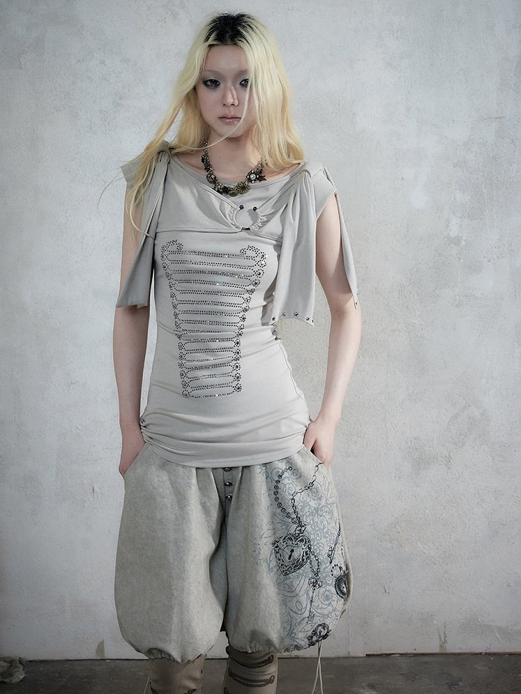 Beige-Grey Knit Short-Sleeve Top with Rhinestone Design - NO ROMANCE