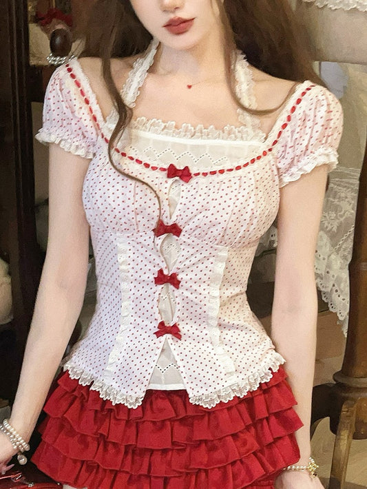 Top Bow Halter Accents Red With Lace Sleeves Puff Polka-dot