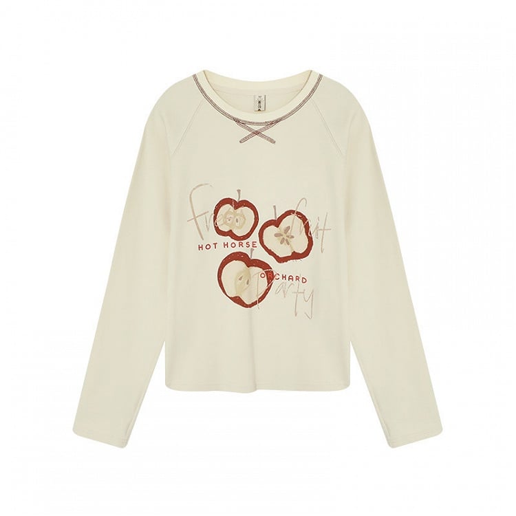 T-shirt manches longues à imprimé pomme Kawaii beige