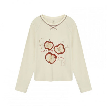 T-shirt manches longues à imprimé pomme Kawaii beige