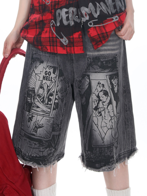 Raw Hem and Monochrome Comic Strip Print Dark Grey Denim Shorts with