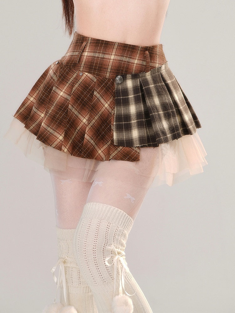ブラウンプリーツミニチェック柄パッチワークスカートデザインメッシュ
