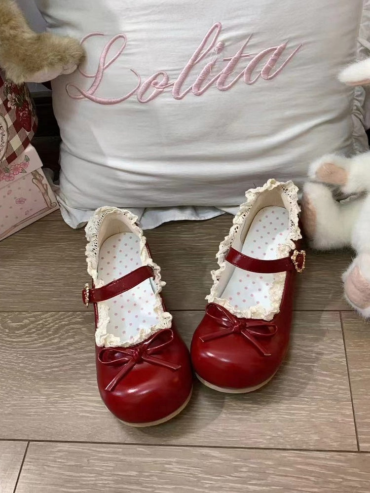 Red Accents Shoes Wine Sweet Jane 1.5cm Heeled Bow Snap with Design Mary Heart-shaped Lolita