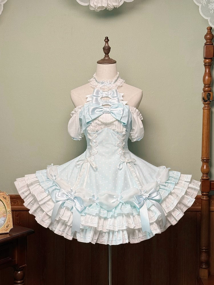 Dot Blue Lolita Neck Old Halter School Sleeves Versatile Dress Polka with Puff