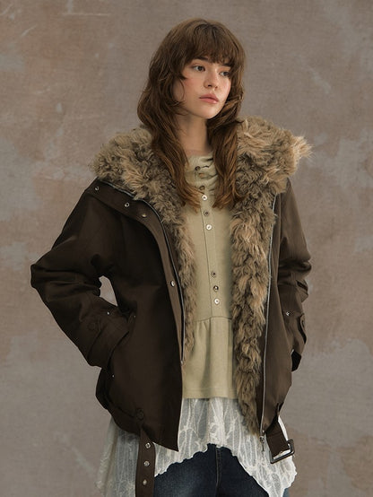 Short Brown/White Jacket Faux Fur Belt Buckle with Collar