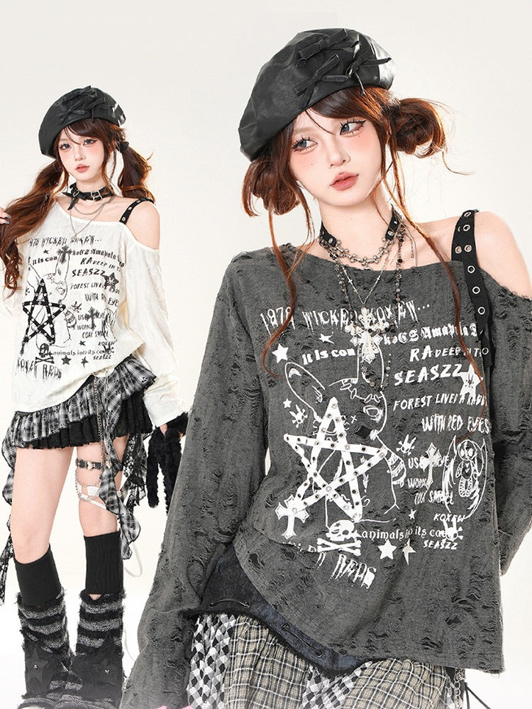 Grafisches Coverup, asymmetrischer Ausschnitt, Distressed-Löcher, Schwarz/Weiß