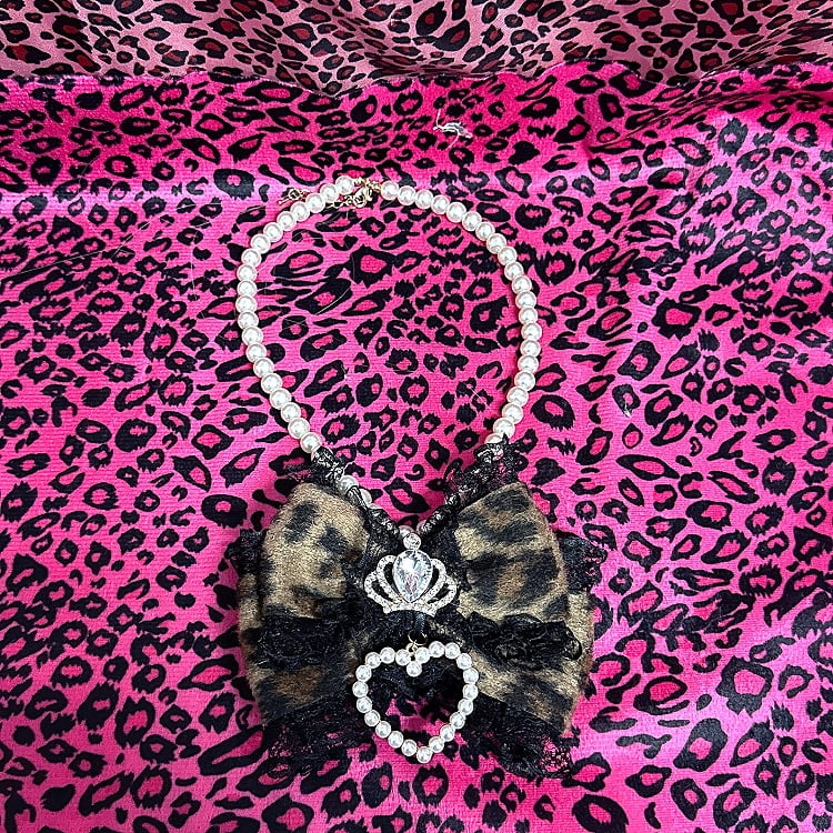 Decorations Colors Leopard 3 Print Heart Bow Gyaru Crown Beaded with Necklace