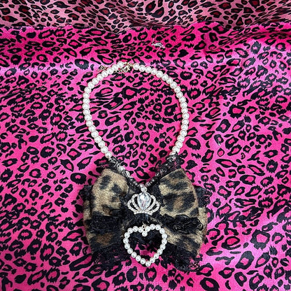 Decorations Colors Leopard 3 Print Heart Bow Gyaru Crown Beaded with Necklace