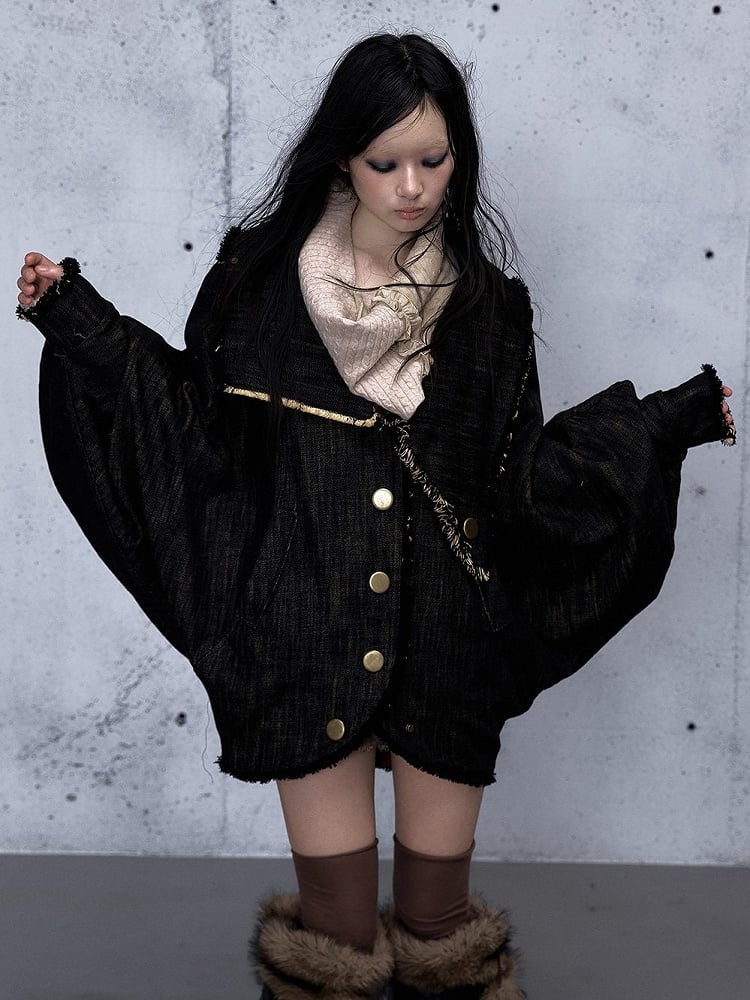 Vintage Snap-button Front Jacket Sleeves Red Batwing Closure with Punk Reversible Denim