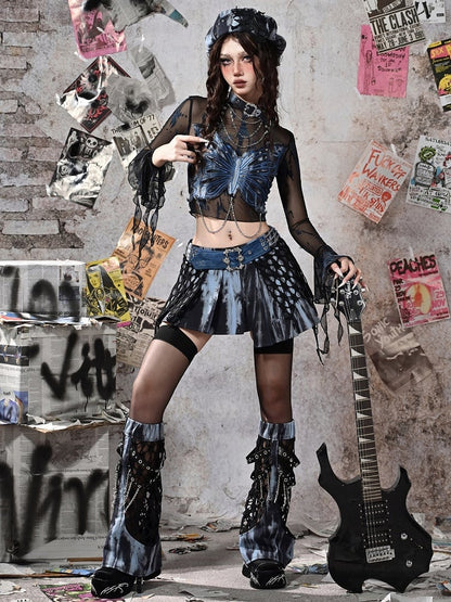 グランジ パンク ロック フェアリーコア ブルー＆ブラック ベルスリーブ メッシュトップ