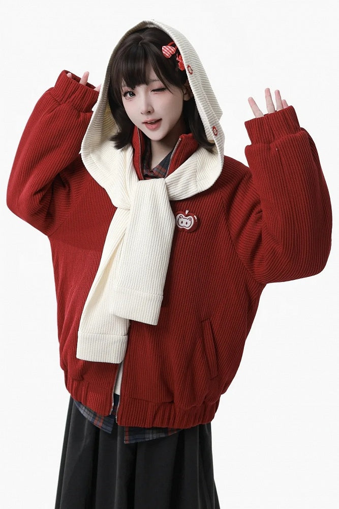 Red - Knit Patch Jacket Banded Brooch Apple Collar
