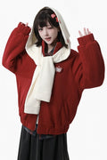 Red - Knit Patch Jacket Banded Brooch Apple Collar