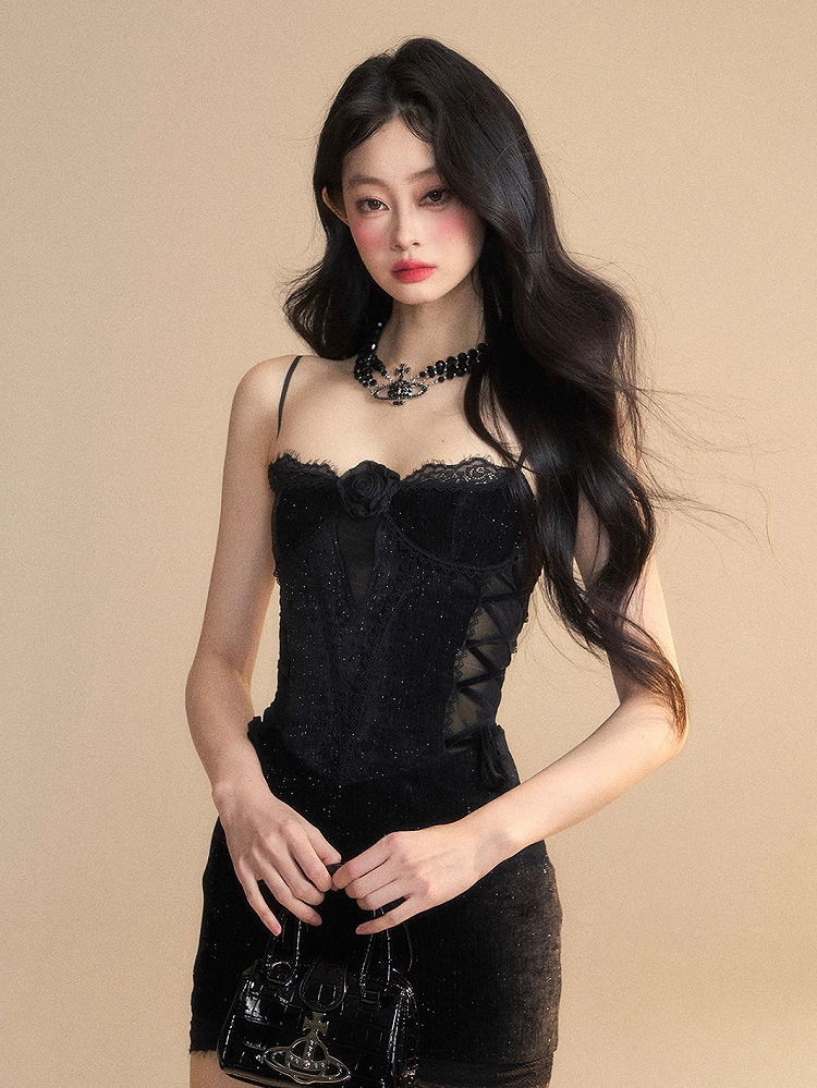 Waist Black/Red Slip Lace-up Lace Detail Rosette Patches Dress Accent Bodycon