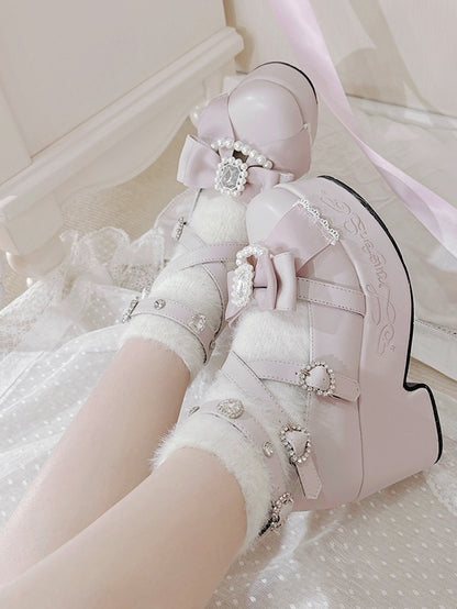 ビーズ装飾のケイピンクとハイトッププラットフォームジライマットボウラインストーンブロックヒール