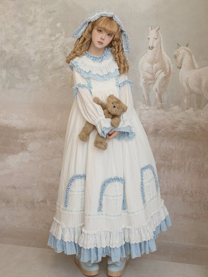 Blue Lolita White Ruffle Dress with Long Sweet Sash Sleeves and Details