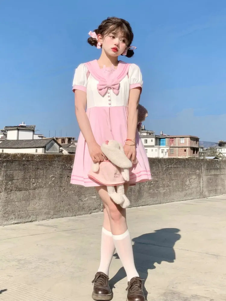 Pleat Bowknot Ears Bunny Collar Sailor Dress Pink Cute and White Box Skirt