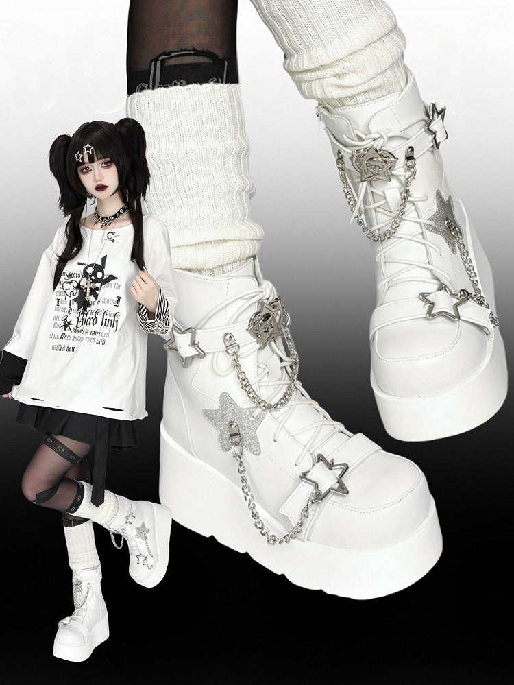 PU White Punk Platform Boots - Star Accents, Detachable Chain Charm & Multi-Fastening System