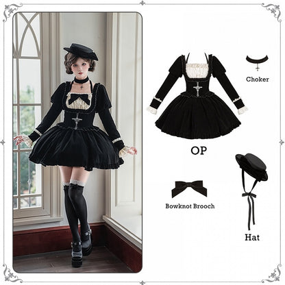 Autumn/Winter Lolita Waist + Brooch Boned for Choker Black Velvet Dress Set Version Bow Basque Short Hat