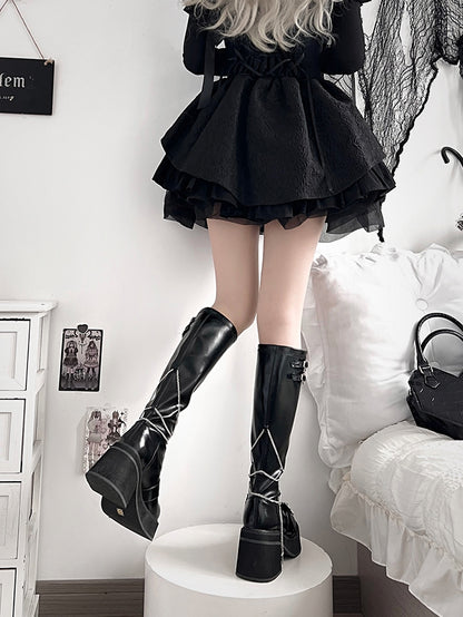 Knee-high Gothic Y2K Detachable Polished with Cross Chains in Black Boots Platform Buckles Coffin