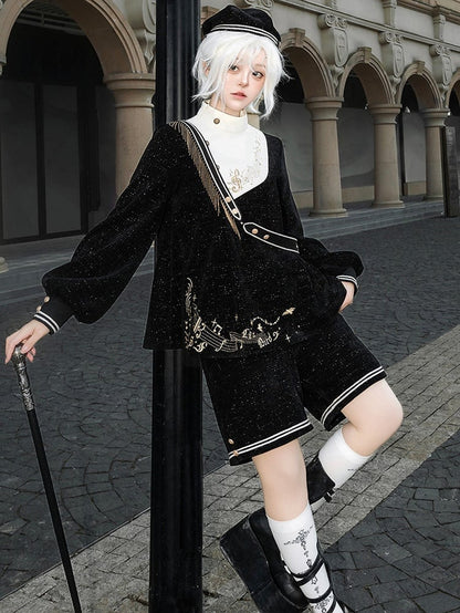 Black Ouji Preppy Style Full Set-Black Glittering Waffle Top + Shorts + Hat