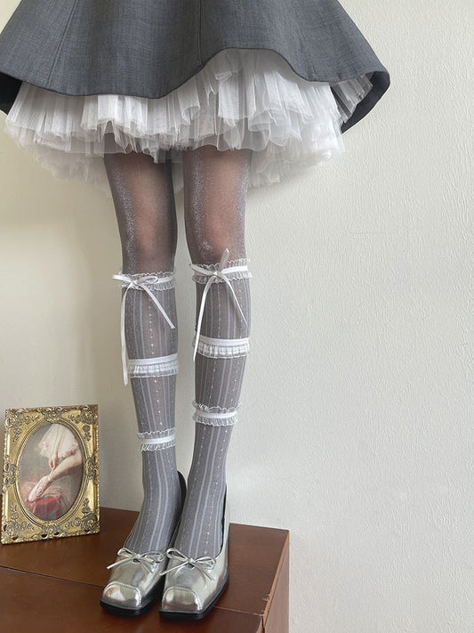 Ruffle Tights/Bowknot Tiered Underknee Semi-sheer Stockings Gray Trims