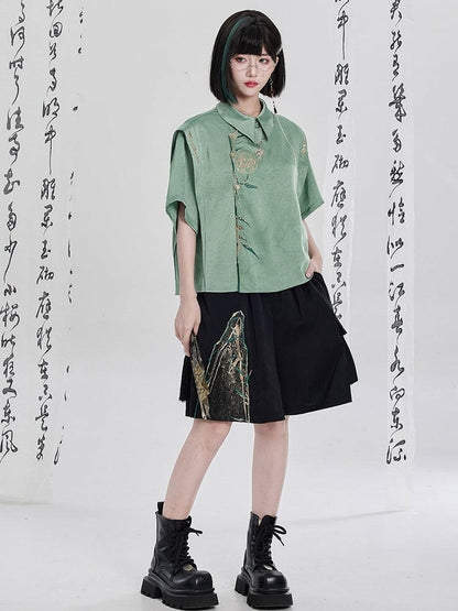 Green Chinese Embroidery Asymmetrical Short-Sleeve Shirt - Qing Tang Original