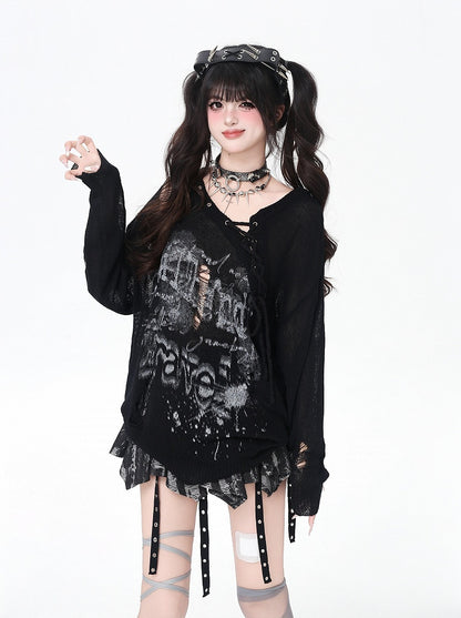 Distressed Holes Lace-up Neckline Ink-jet Print Black/Apricot