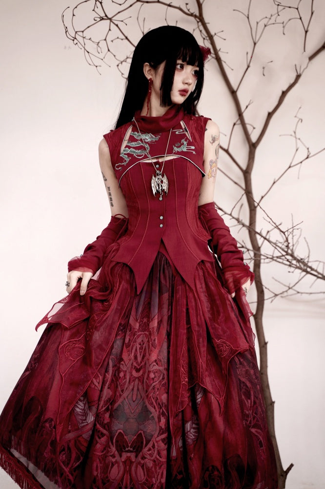 Red Gothic Dragon Embroidery Sleeveless Top Cutout Detail