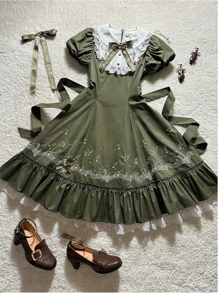 Embroidered Music Note Motif Green Dress with Puff Sleeves and Lace Collar - Surface Spell