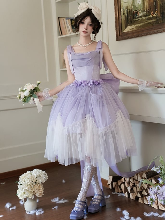 Lilafarbenes, schimmerndes Kleid mit Taillenbund JSK Lolita Basque mit Stäbchen