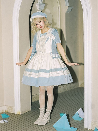 Accent Light White Sailor Bow Collar and Milk Lace Trims Lolita with Blue Dress