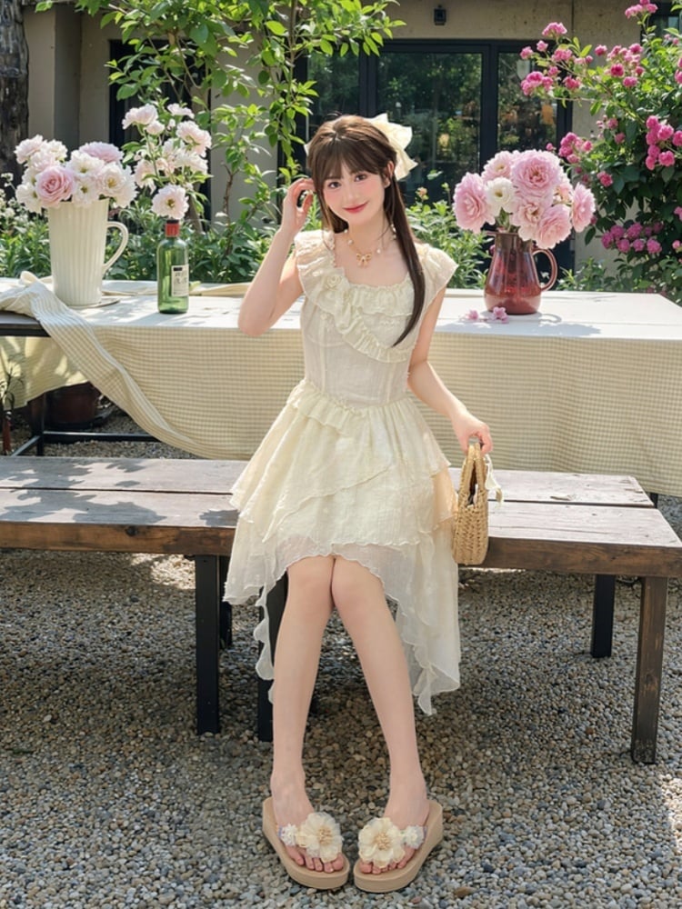 Tonal Beige Rüschen Ausschnitt Asymmetrische Urlaub Ärmelloses Kleid Saum Floral Stickerei