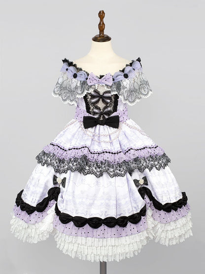 KC Wrist Cuffs Lolita Full Shoulder Choker Veil Set + Dress Mini Off Hime Purple Hat