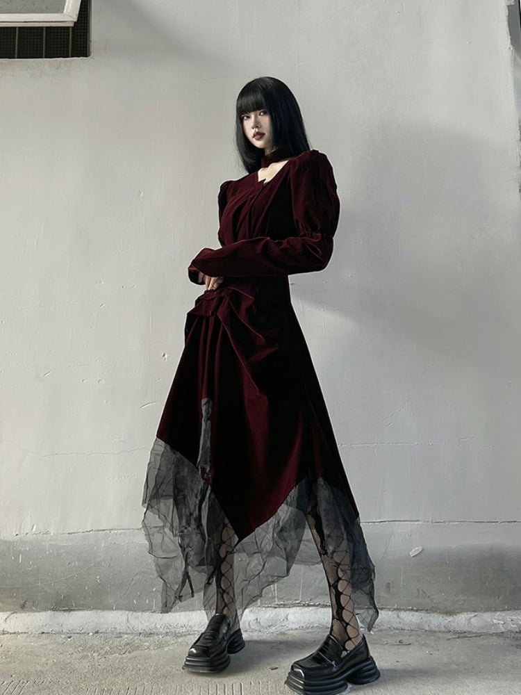 Gothic Wine Red Velvet Handkerchief Hem Midi Length Dress