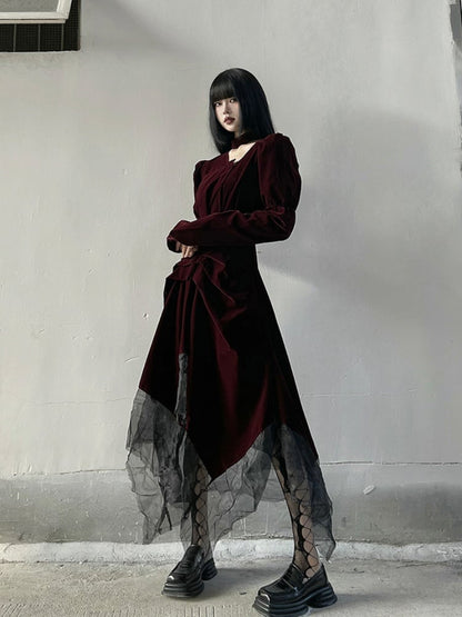 Gothic Wine Red Velvet Handkerchief Hem Midi Length Dress