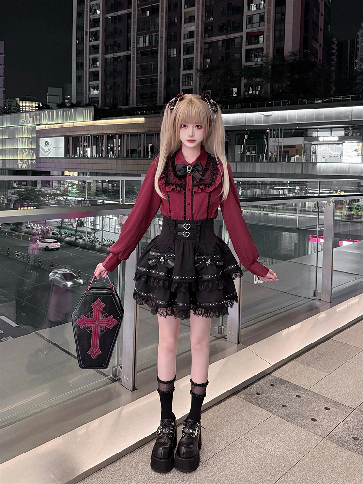 High-Waisted Skirt with Tiered Cross-Stitch Lace  Leather Strap Jirai Kei Black