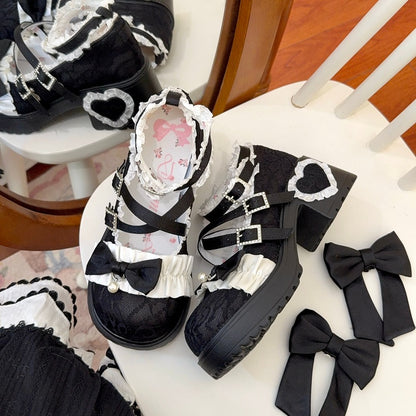 Elegant Lolita Black Platform Mid Block Heel Mary Janes - Crystal Buckle, Ruffle Trim & Heart Patch Heel
