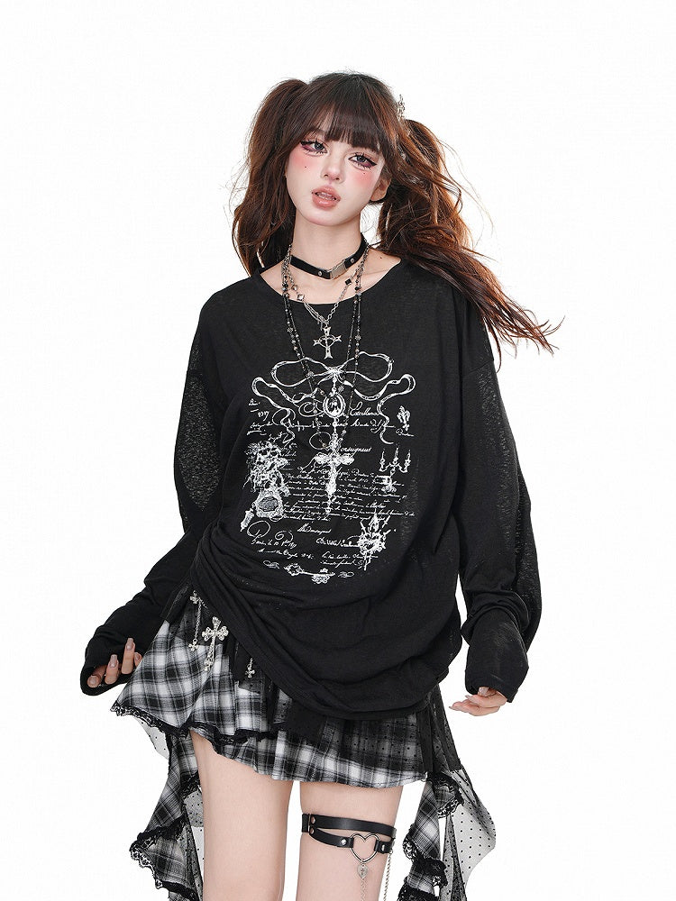 Schwarz/weißes, halbtransparentes, lockeres Sweatshirt mit Kreuzdruck und Kordelzug in der Taille