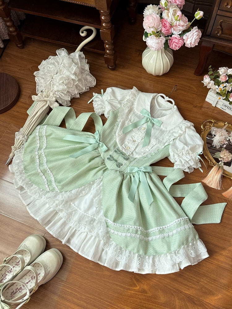 Green Peter Pan Collar Short Sleeve Lolita OP Dress with Bow Accents