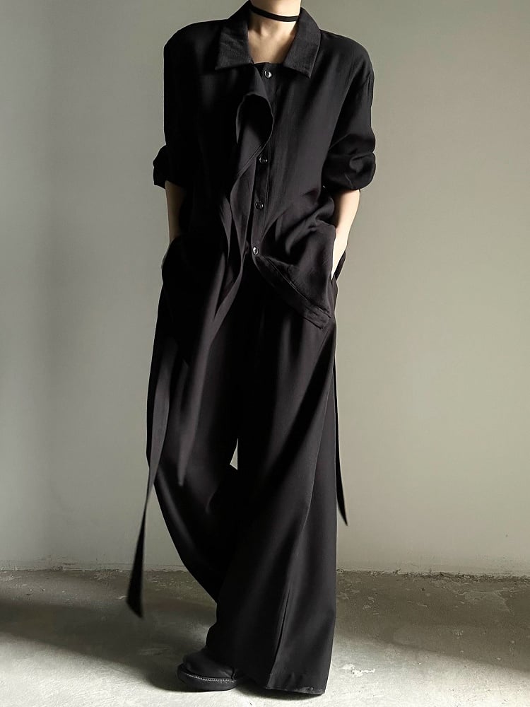 Loose Collar Lolita Draping Long Ouji Shirt Retro Black Pointed with Ribbon