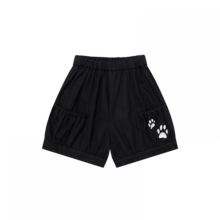 Elastic Waist Shorts Paw Embroidery Pink/Blue/Black Kitty