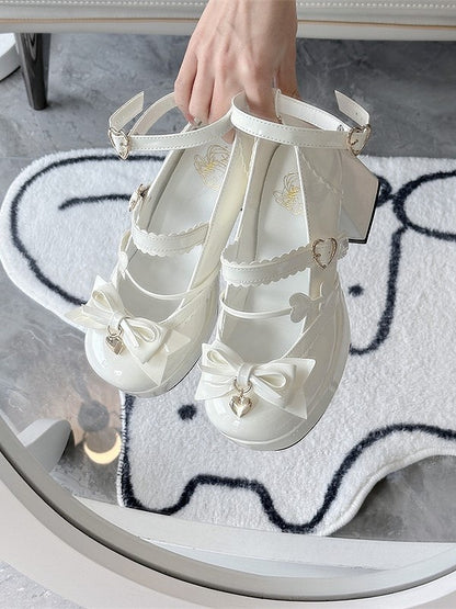 White High with Lolita Decor Heart-shaped Shoes Elegant Mary Snap Jane Bow Block Heel