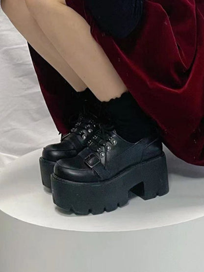 Punk Shoes Strap Closure Black - Lace-up Platform Buckle