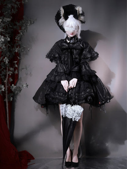 Bow Black Lolita Gothic Big Cape Self-tie Neckline