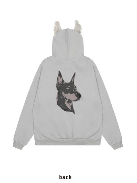 Non-Fleece And With Ears Print Grey Applique Puppy Letter Light Hoodie