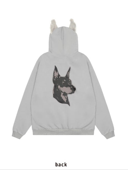 Non-Fleece And With Ears Print Grey Applique Puppy Letter Light Hoodie